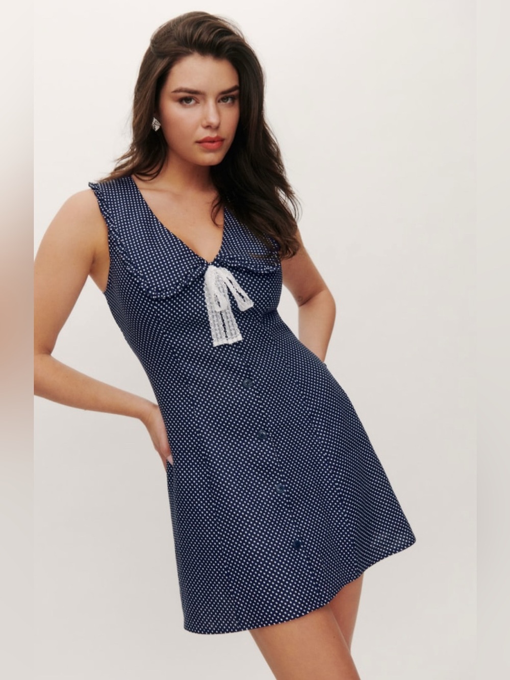 Reformation Navy Polka Dot Mini Dress with White Tie